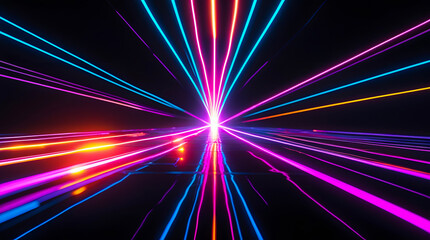 Abstract Neon Light Beams Convergence Point on Dark Background Featuring Lines of Light in Blue Pink Orange Colors, Creating Hyper Speed Effect with Futuristic Technology