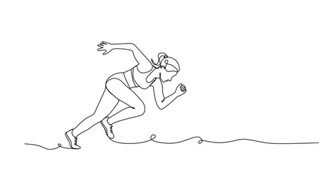 Woman running in sportswear in one line art style. Woman drawing with editable black stroke on white background. Vector illustration.