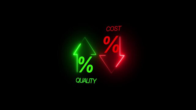 Quality and cost control concept on transparent background. Successful organization strategy and management quality control. Percentage icon of quality with up arrow and cost with down