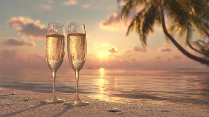 two champagne glasses on a tropical beach at sunset