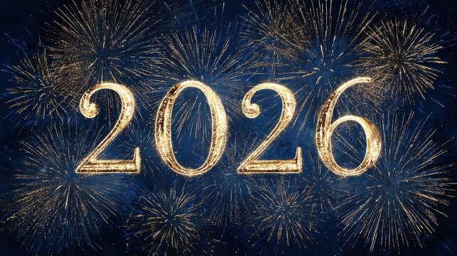 celebrating 2026 new yearelegant card for event with abstract golden fireworks and golden numbers on blue background