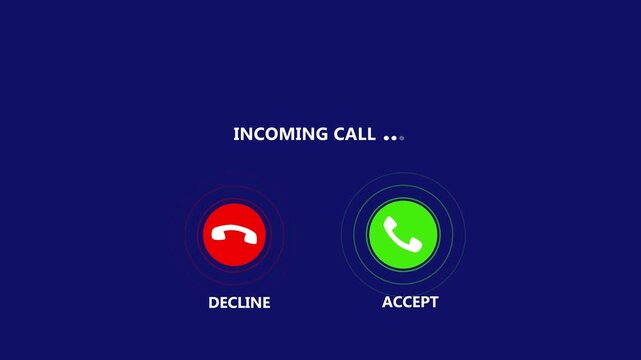 Incoming call ring icon background blue Screen Animation of phone call icon, Incoming call ring icon black background. Animation with Accept and Decline Option And Copy Space Placement Phone ring sign