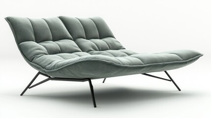 Obraz premium Light gray, plush, channel-quilted chair with black metal legs on white backdrop