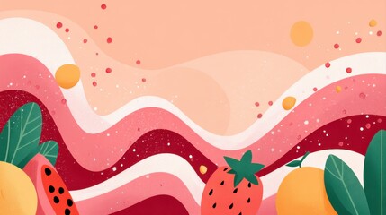 A vibrant abstract design featuring colorful waves and fruit elements, a fresh and playful aesthetic, Thailand symbolic arts background