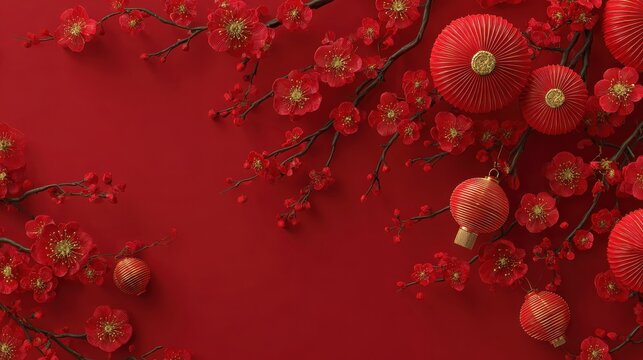 2024 chinese new year banner copy space top view background with golden and red theme of asian lanterns and cherry blossoms on red background festive greeting celebrating season concepts