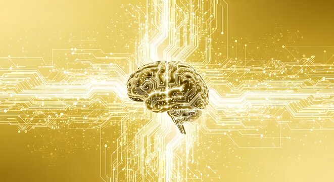 Golden brain with circuit board pattern and glowing lines on a golden background design element - Powered by Adobe