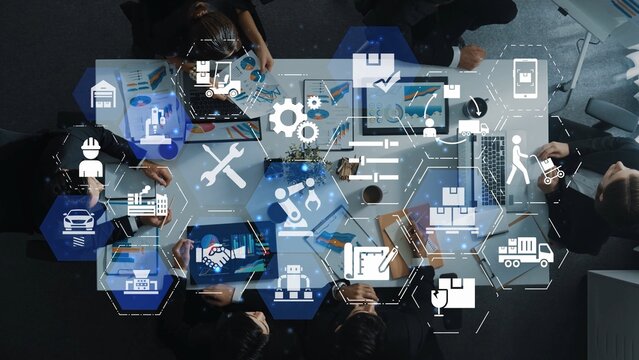 Mechanized industry automation and modern production system with robotic arms, gears, tools and loFunnelics for efficient mechanized industry process. Funnel