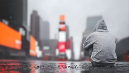 Urban Isolation and Mental Health Concept with Neon Billboards