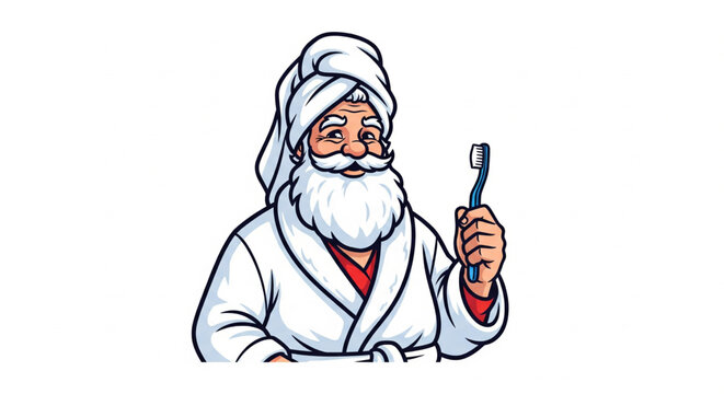 Santa Claus with Towel and Toothbrush in Bathroom, Promoting Dental Hygiene and Self-Care