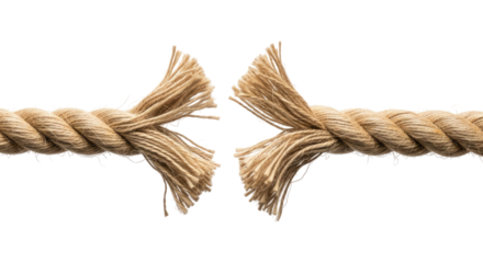 Stress-Damaged Rope Breaking With Frayed Texture, Cut Out, Clipping Path, Isolated on a Transparent PNG Background.