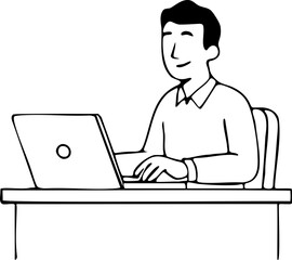 Cheerful man working on laptop, focused on tasks. Perfect for illustrating productivity, remote work, business, and technology concepts in your designs
