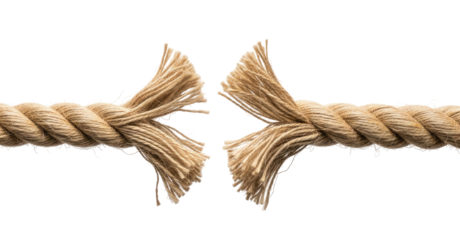 Stress-Damaged Rope Breaking With Frayed Texture, Cut Out, Clipping Path, Isolated on a Transparent PNG Background.