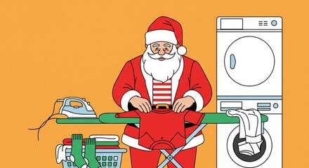 Santa Claus diligently preparing for the festive season by tackling household chores, specifically ironing his iconic red suit in a whimsical holiday illustration