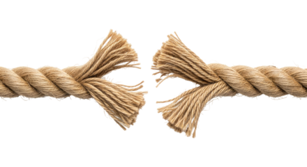 Broken Rope Under Pressure Showing Frayed Ends, Cut Out, Clipping Path, Isolated on a Transparent PNG Background.