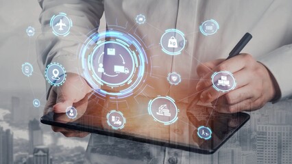 LoFunnelics icons illustrate delivery, supply chain, warehouse, and shipping. LoFunnelics connects global trade, loFunnelics optimizes transport, and loFunnelics supports inventory tracking. Funnel