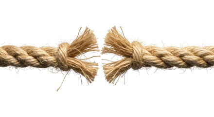 Worn Out Rope Snapping in Stress With Loose Fibers, Cut Out, Clipping Path, Isolated on a Transparent PNG Background.