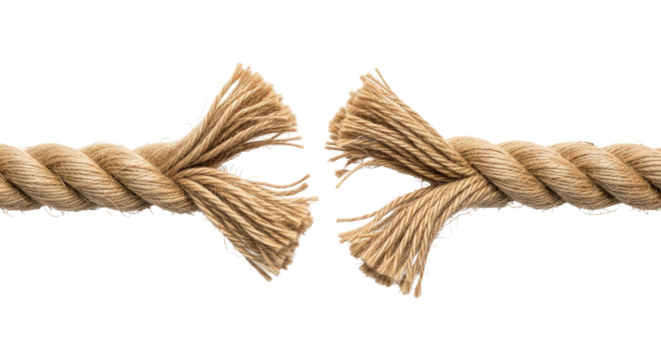 Broken Rope Under Pressure Showing Frayed Ends, Cut Out, Clipping Path, Isolated on a Transparent PNG Background.