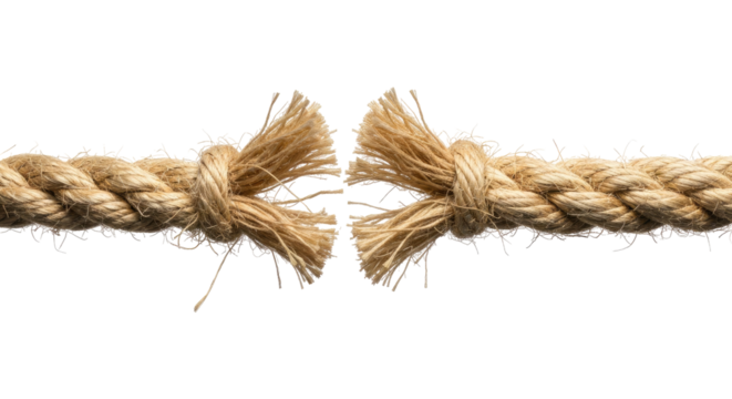 Worn Out Rope Snapping in Stress With Loose Fibers, Cut Out, Clipping Path, Isolated on a Transparent PNG Background.