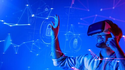 A man is joyfully interacting with virtual reality technology, surrounded by a vibrant digital interface displaying elements of artificial intelligence and security features. Raster