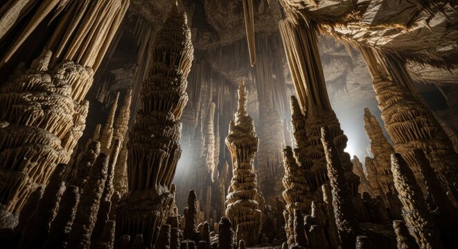 Majestic Stalactites and Stalagmites Formations Inside a Dark Cave, Illuminated by Light.