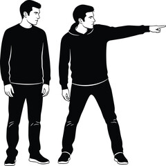 Two person silhouette, pointing gesture pose, communication and direction concept, casual stance vector art, cad drawing flat vector illustration