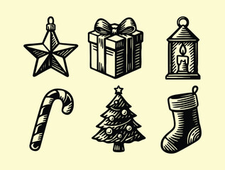 Set of vintage Christmas holiday symbols illustrations.