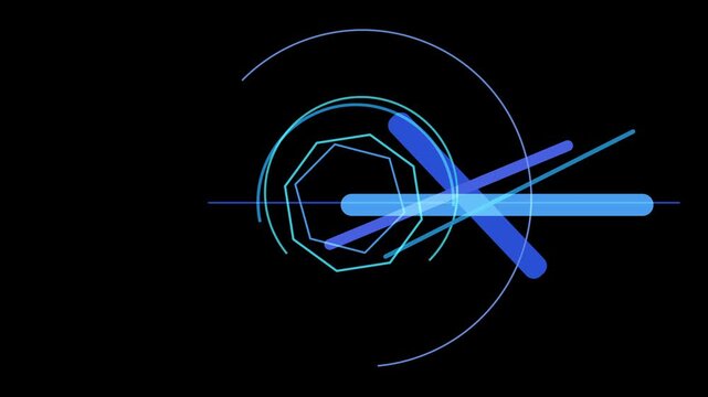 Abstract geometric design featuring overlapping circles, hexagons, and lines in shades of blue against a stark black background, creating a modern aesthetic