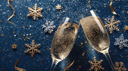 overhead shot of two champagne glasses clinking with gold confetti and snowflake decorations on a dark blue background capturing a festive new years eve celebration with a joyful and