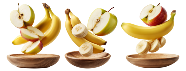 Whole and sliced apple and banana served on round wooden plate, isolated on white transparent background.