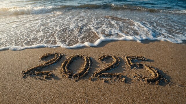 2025 written in beach sand ocean waves in the background - Powered by Adobe