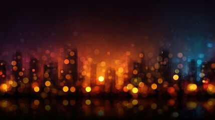 Obraz premium A vibrant urban city skyline with colorful bokeh lights at night.