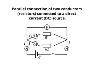 Electrical diagram showing a parallel connection of two resistors connected to a DC power source.