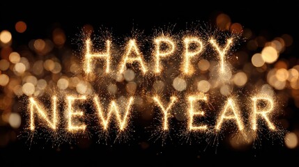 golden happy new year text surrounded by sparkling fireworks and bokeh lights isolated on transparent background