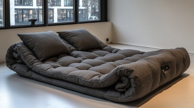Rolled futon mattress with two pillows in bright room near window, minimalist design