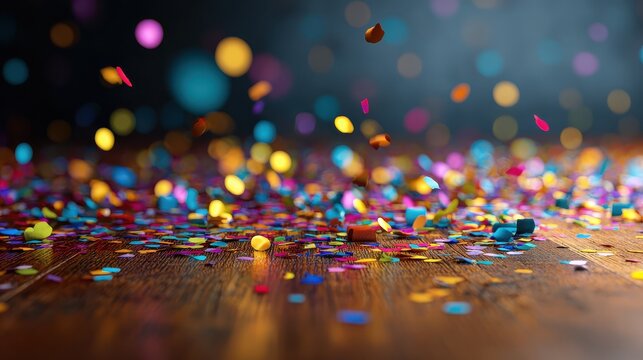 happy new year 2025 celebration greeting card with colorful confetti and reflection of the colors on wooden desk wall