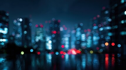 Naklejka premium A blurred cityscape at night, showcasing vibrant lights and reflections.
