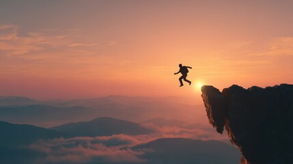 happy new year 2025 silhouette man jumping from 2024 cliff to 2025 cliff on sky background сoncept of moving from year to year new years concept