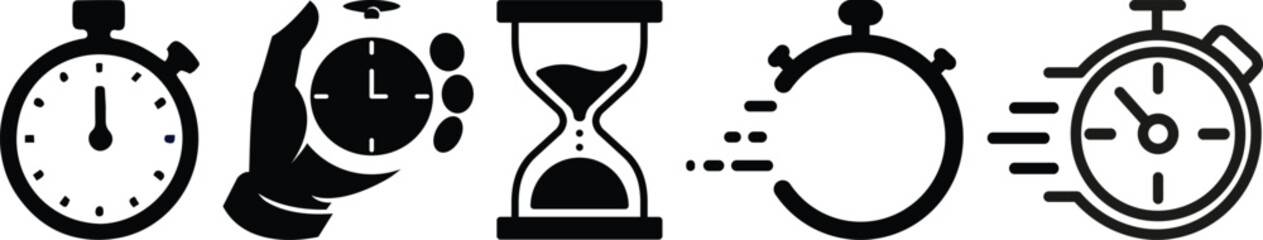 Collection of black icons representing time management, scheduling, and appointments with calendar, clock, hourglass, stopwatch, and bell symbols for business and planning concepts.
