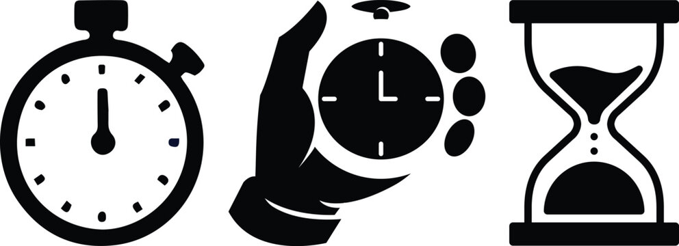 Collection of black icons representing time management, scheduling, and appointments with calendar, clock, hourglass, stopwatch, and bell symbols for business and planning concepts.