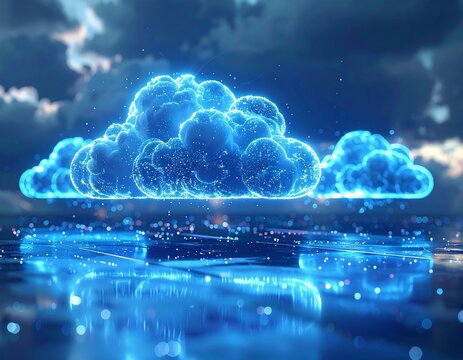 Cybernetic clouds glowing in digital space with bright reflections - Powered by Adobe