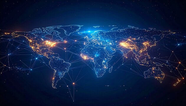 Global network connections visualization with vibrant glowing lights - Powered by Adobe