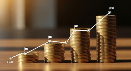 Financial success journey with ascending coin stacks and upward trend line