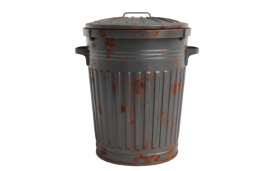 Vintage rusty metal trash can isolated on transparent background