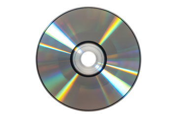 Silver compact disc with rainbow reflections isolated on transparent background