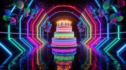 neon birthday cake with candles in a futuristic celebration tunnel enter the party now