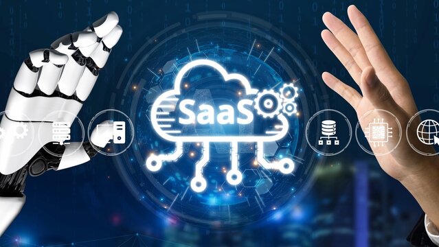 Visual representation of SaaS showing infrastructure, SaaS deployment, SaaS platform features, and SaaS integration model in digital environment. Muxer