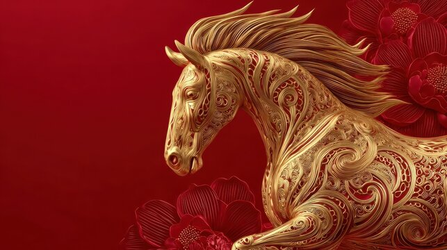 golden ornamental horse on red background with happy new year 2026 text chinese zodiac animal for lunar new year oriental celebration