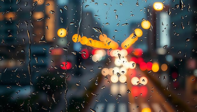 Pitter-pattering rain on a windowpane, blurring city lights,  atmosphere,  sky