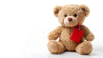 Obraz premium Teddy Bear Holding A Red Tag On Clean White Background