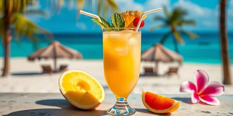 Refreshing pina colada cocktail in a tropical setting, background, beach